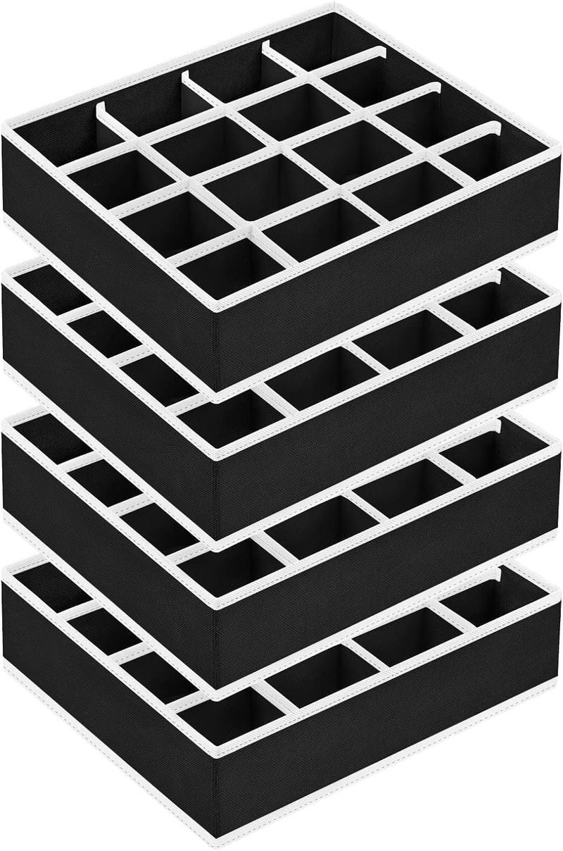 Easortm Sock Organizer 4 Pack - 16 Cell Underwear Organizer Foldable Underwear Storage, Sock and Underwear Drawer Organizer for Socks Ties Underwear Belts. (Black) - Image 1